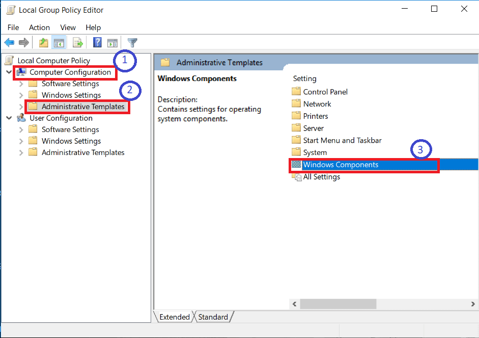 مسیر انتخاب پوشه windows components